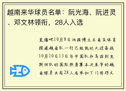 越南来华球员名单：阮光海、阮进灵、邓文林领衔，28人入选